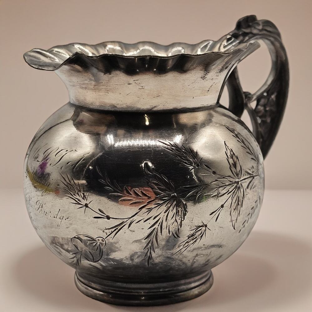 Antique Silver Creamer with Etched Flowers & Ruffle Rim-Vintage Aurora SP MFG Co
